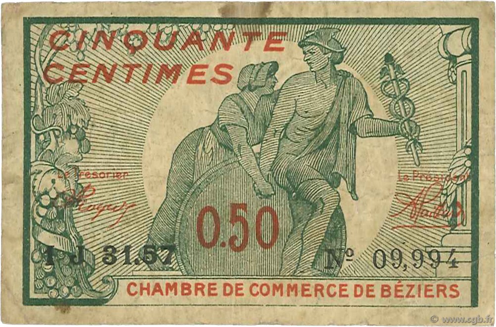 50 Centimes FRANCE Regionalismus und verschiedenen Béziers 1921 JP.027.32 S