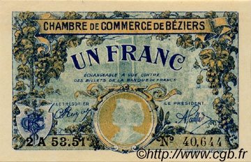 1 Franc FRANCE regionalism and various Béziers 1922 JP.027.34 AU+