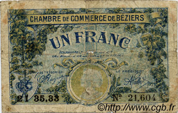 1 Franc FRANCE Regionalismus und verschiedenen Béziers 1922 JP.027.34 S