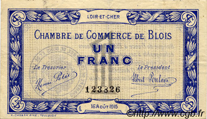 1 Franc FRANCE Regionalismus und verschiedenen Blois 1915 JP.028.03 SS to VZ