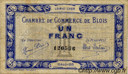 1 Franc FRANCE Regionalismus und verschiedenen Blois 1915 JP.028.03 S