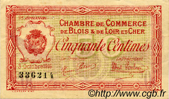 50 Centimes FRANCE Regionalismus und verschiedenen Blois 1916 JP.028.05 SS to VZ