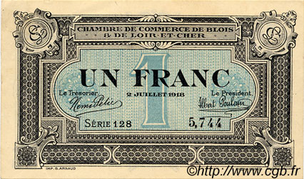 1 Franc FRANCE regionalismo e varie Blois 1918 JP.028.11 BB to SPL