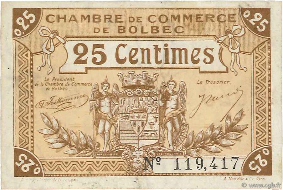 25 Centimes FRANCE regionalismo e varie Bolbec 1920 JP.029.01 BB to SPL