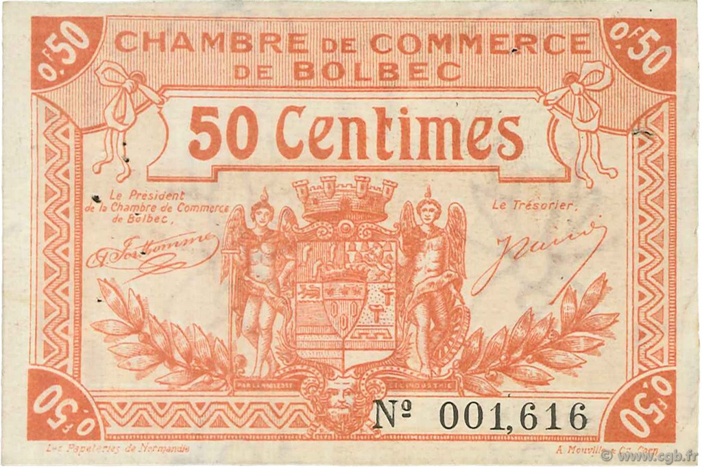 50 Centimes FRANCE regionalismo y varios Bolbec 1920 JP.029.03 MBC a EBC