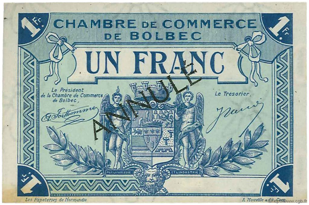 1 Franc Annulé FRANCE regionalism and miscellaneous Bolbec 1920 JP.029.06 VF - XF