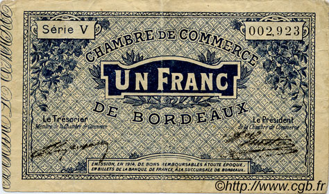 1 Franc FRANCE regionalismo y varios Bordeaux 1914 JP.030.02 BC