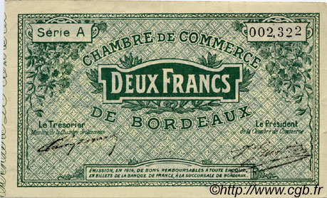 2 Francs FRANCE regionalismo y varios Bordeaux 1914 JP.030.03 MBC a EBC