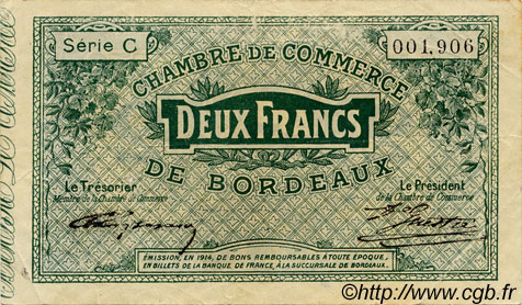2 Francs FRANCE Regionalismus und verschiedenen Bordeaux 1914 JP.030.03 S