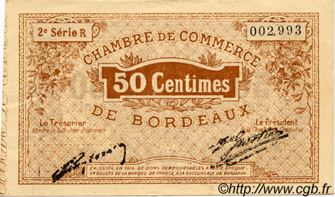 50 Centimes FRANCE regionalismo y varios Bordeaux 1914 JP.030.04 MBC a EBC