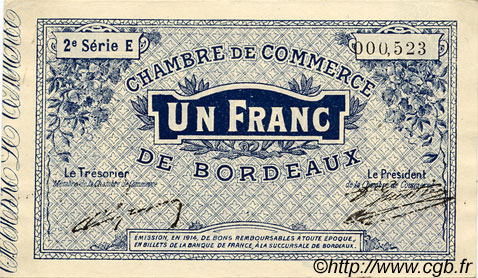1 Franc FRANCE regionalism and miscellaneous Bordeaux 1914 JP.030.06 VF - XF