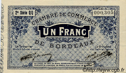 1 Franc FRANCE Regionalismus und verschiedenen Bordeaux 1914 JP.030.08 SS to VZ