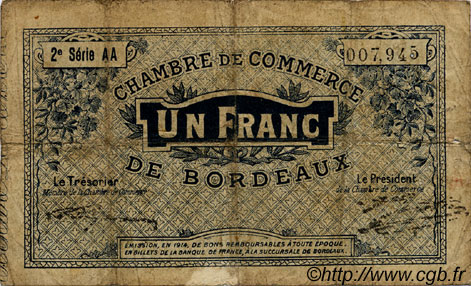 1 Franc FRANCE régionalisme et divers Bordeaux 1914 JP.030.08 TB
