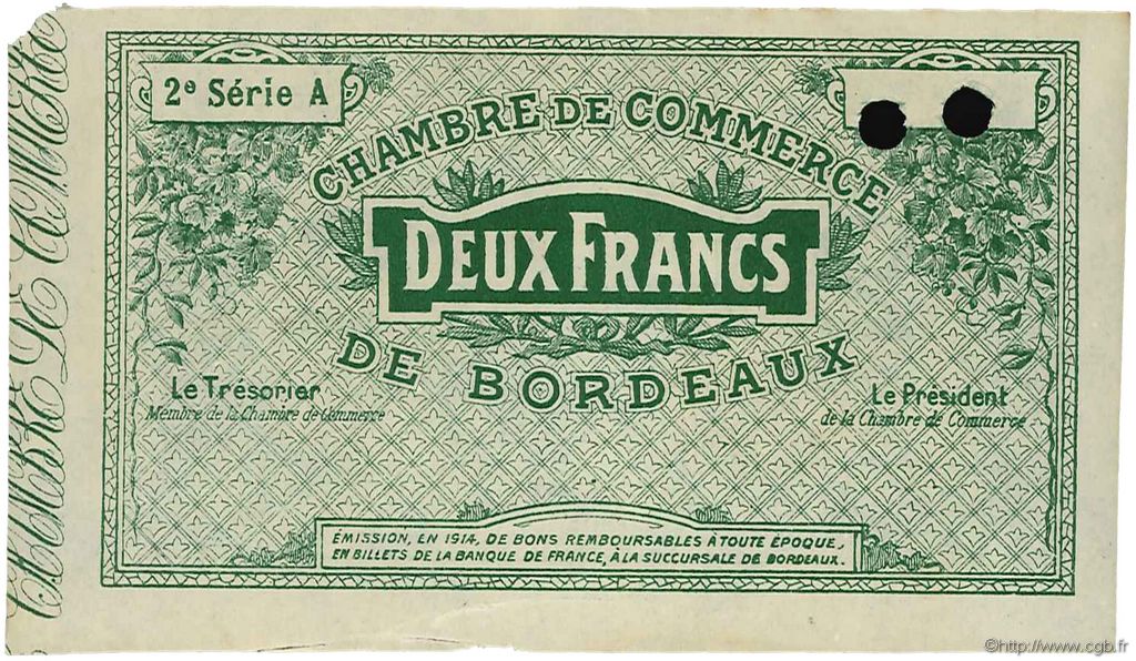 2 Francs Spécimen FRANCE regionalismo y varios Bordeaux 1914 JP.030.10 MBC a EBC