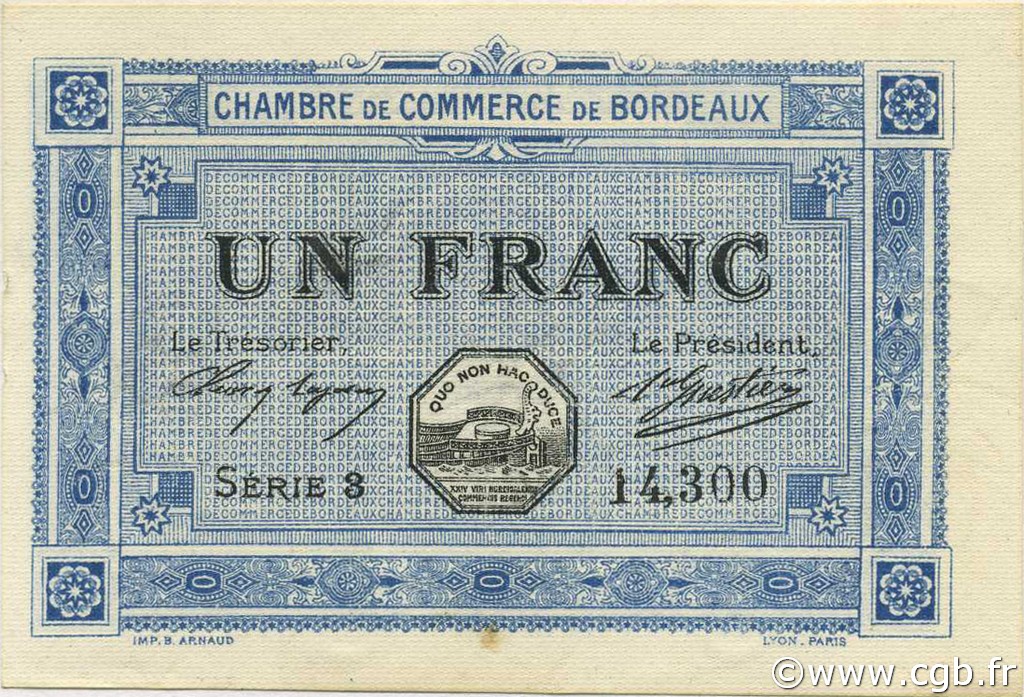 1 Franc FRANCE regionalism and miscellaneous Bordeaux 1917 JP.030.14 AU+
