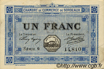 1 Franc FRANCE regionalismo y varios Bordeaux 1917 JP.030.14 MBC a EBC