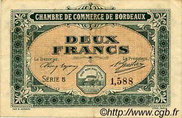 2 Francs FRANCE regionalismo y varios Bordeaux 1917 JP.030.17 MBC a EBC