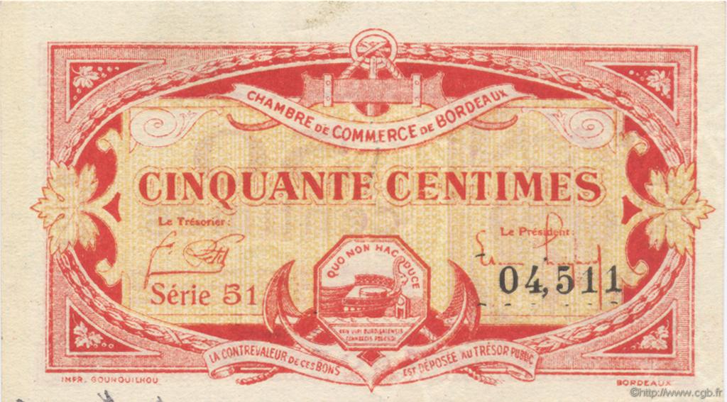 50 Centimes FRANCE Regionalismus und verschiedenen Bordeaux 1920 JP.030.24 fST to ST