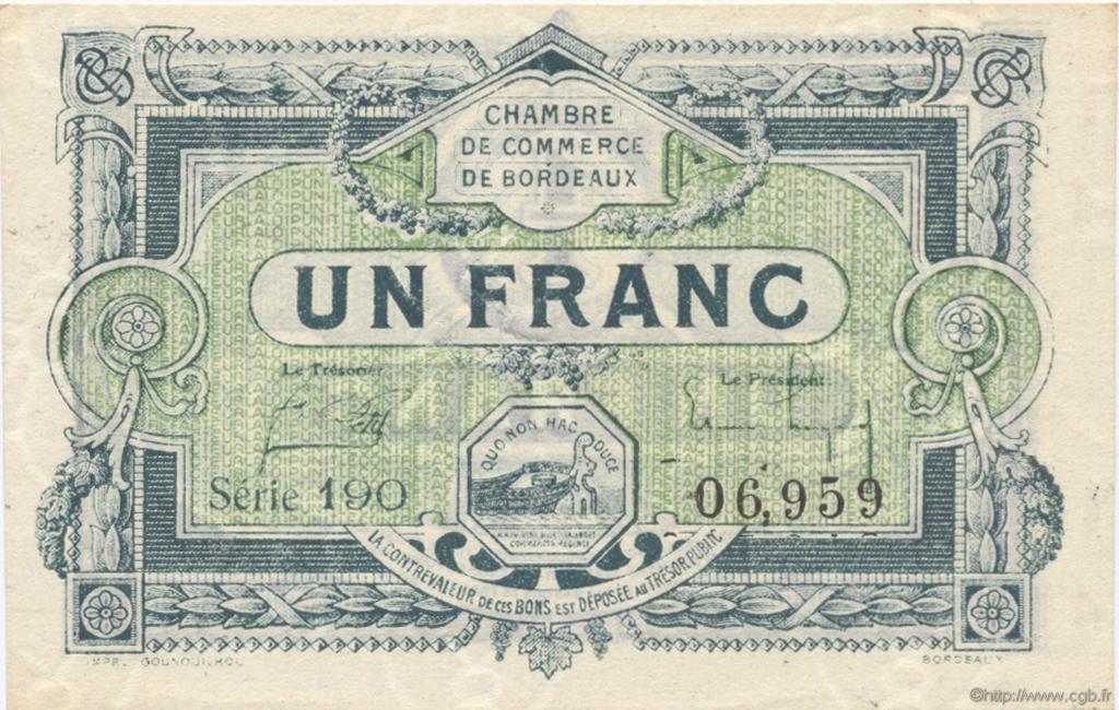 1 Franc FRANCE regionalismo e varie Bordeaux 1920 JP.030.26 AU a FDC