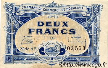 2 Francs FRANCE regionalismo y varios Bordeaux 1920 JP.030.27 MBC a EBC