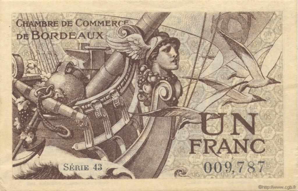 1 Franc FRANCE regionalism and various Bordeaux 1921 JP.030.30 AU+