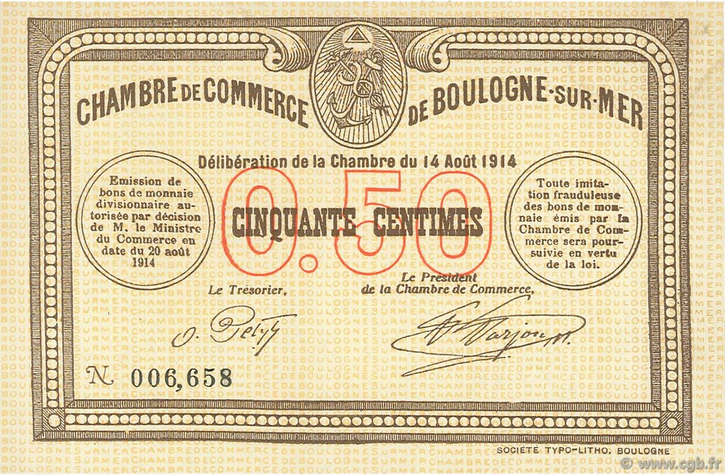 50 Centimes FRANCE regionalism and miscellaneous Boulogne-Sur-Mer 1914 JP.031.01 AU+
