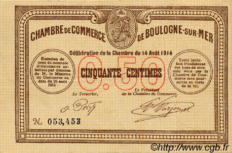 50 Centimes FRANCE Regionalismus und verschiedenen Boulogne-Sur-Mer 1914 JP.031.01 SS to VZ
