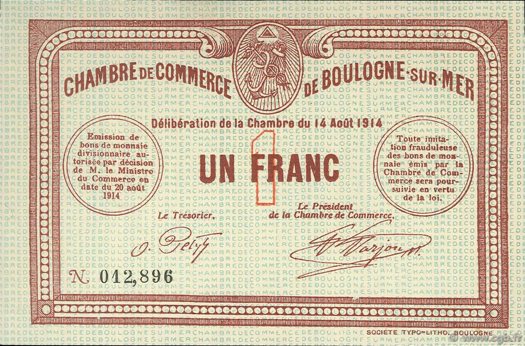 1 Franc FRANCE Regionalismus und verschiedenen Boulogne-Sur-Mer  1914 JP.031.04 fST to ST