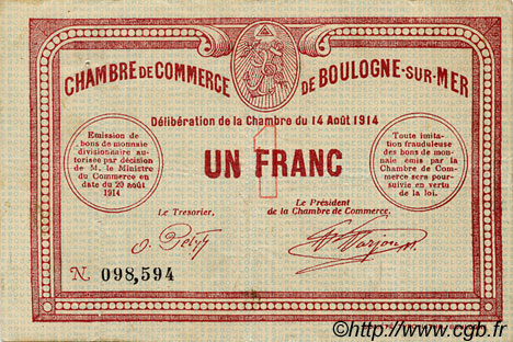 1 Franc FRANCE regionalismo y varios Boulogne-Sur-Mer  1914 JP.031.04 MBC a EBC