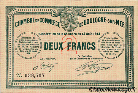 2 Francs FRANCE Regionalismus und verschiedenen Boulogne-Sur-Mer  1914 JP.031.07 SS to VZ