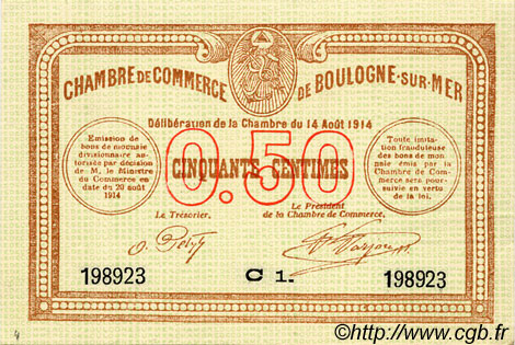 50 Centimes FRANCE regionalism and miscellaneous Boulogne-Sur-Mer  1914 JP.031.11 AU+