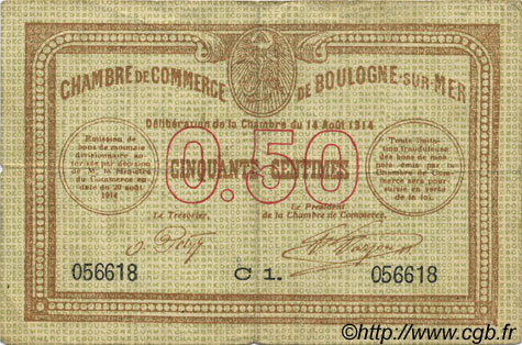 50 Centimes FRANCE regionalism and various Boulogne-Sur-Mer  1914 JP.031.11 F