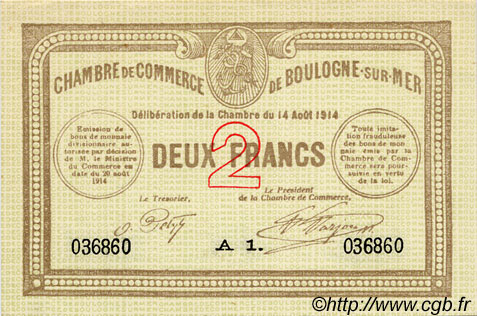2 Francs FRANCE regionalism and various Boulogne-Sur-Mer  1914 JP.031.13 AU+