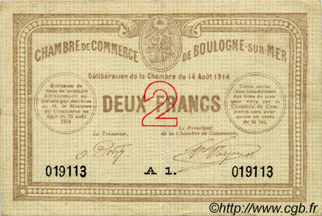 2 Francs FRANCE régionalisme et divers Boulogne-Sur-Mer  1914 JP.031.13 TB