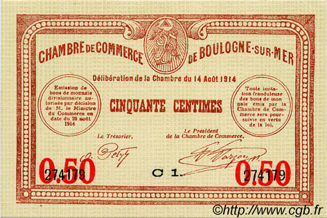 50 Centimes FRANCE regionalism and various Boulogne-Sur-Mer  1914 JP.031.14 AU+