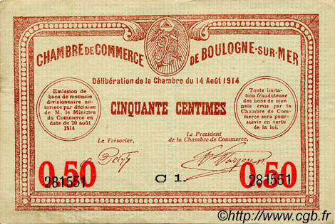 50 Centimes FRANCE regionalismo e varie Boulogne-Sur-Mer  1914 JP.031.14 BB to SPL
