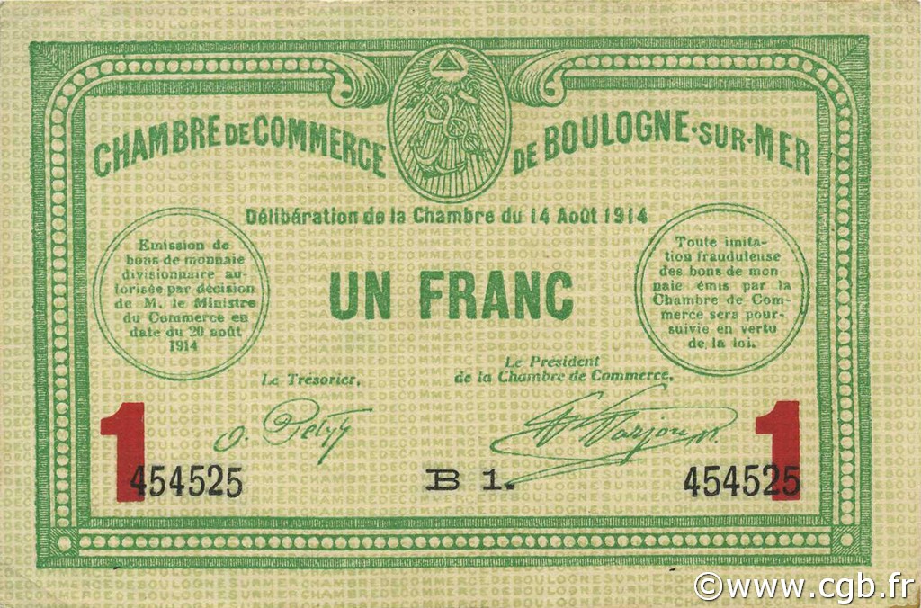 1 Franc FRANCE regionalism and various Boulogne-Sur-Mer  1914 JP.031.15 AU+