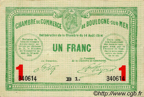 1 Franc FRANCE regionalism and various Boulogne-Sur-Mer  1914 JP.031.15 F