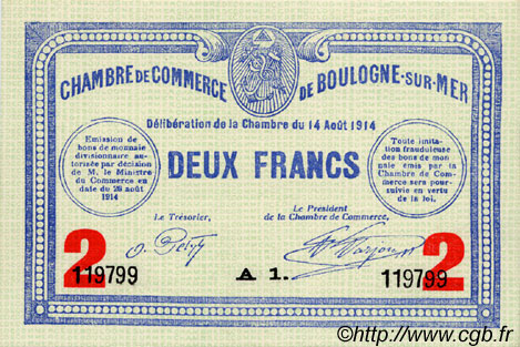 2 Francs FRANCE regionalism and various Boulogne-Sur-Mer  1914 JP.031.16 AU+