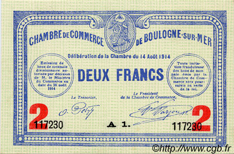 2 Francs FRANCE Regionalismus und verschiedenen Boulogne-Sur-Mer  1914 JP.031.16 SS to VZ