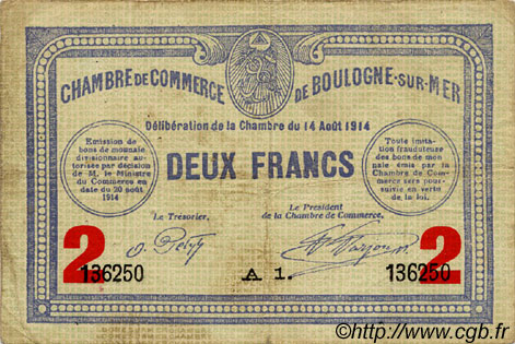 2 Francs FRANCE Regionalismus und verschiedenen Boulogne-Sur-Mer  1914 JP.031.16 S