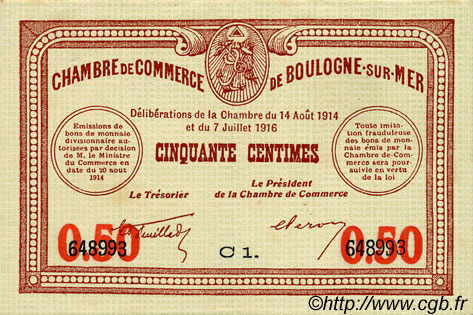 50 Centimes FRANCE regionalism and various Boulogne-Sur-Mer  1914 JP.031.17 VF - XF