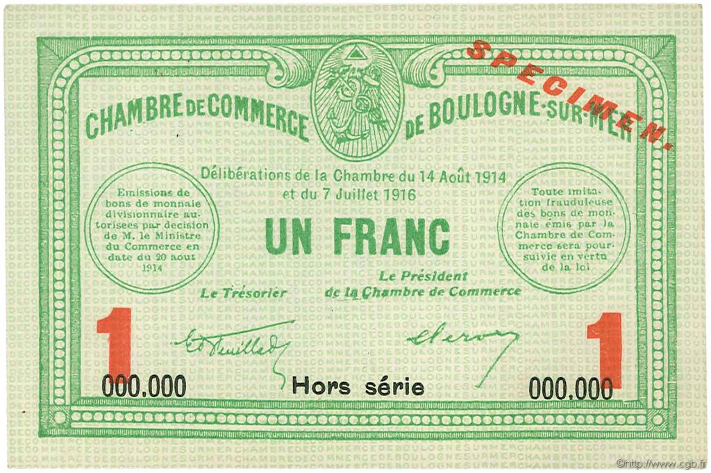 1 Franc Spécimen FRANCE regionalismo y varios Boulogne-Sur-Mer  1914 JP.031.20 SC a FDC