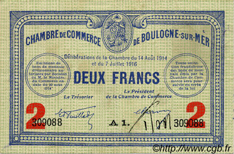 2 Francs FRANCE Regionalismus und verschiedenen Boulogne-Sur-Mer  1914 JP.031.21 SS to VZ