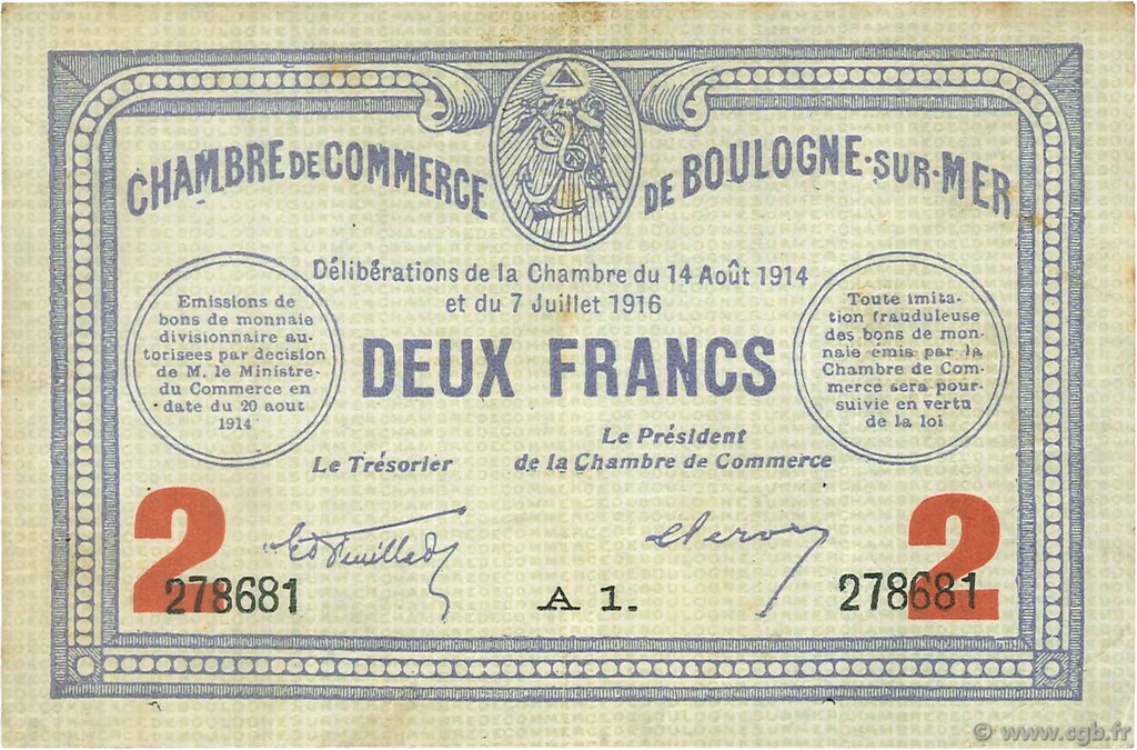 2 Francs FRANCE regionalismo e varie Boulogne-Sur-Mer  1914 JP.031.21 MB
