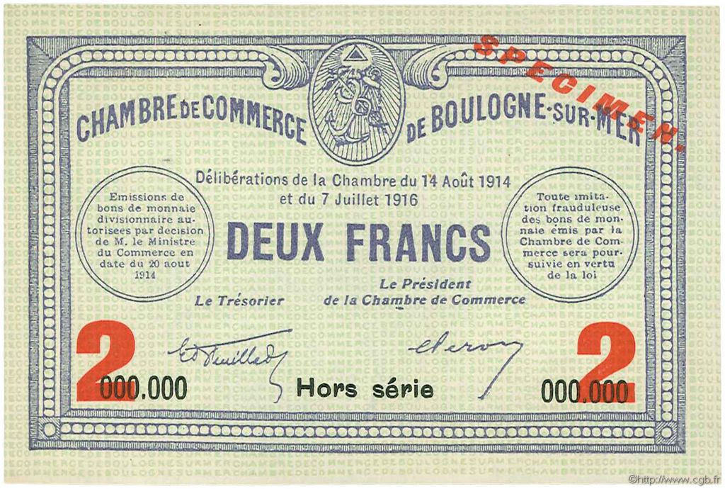 2 Francs Spécimen FRANCE regionalism and various Boulogne-Sur-Mer  1914 JP.031.22 AU+