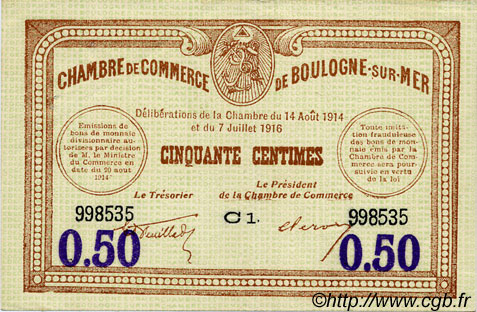 50 Centimes FRANCE Regionalismus und verschiedenen Boulogne-Sur-Mer  1914 JP.031.23 SS to VZ
