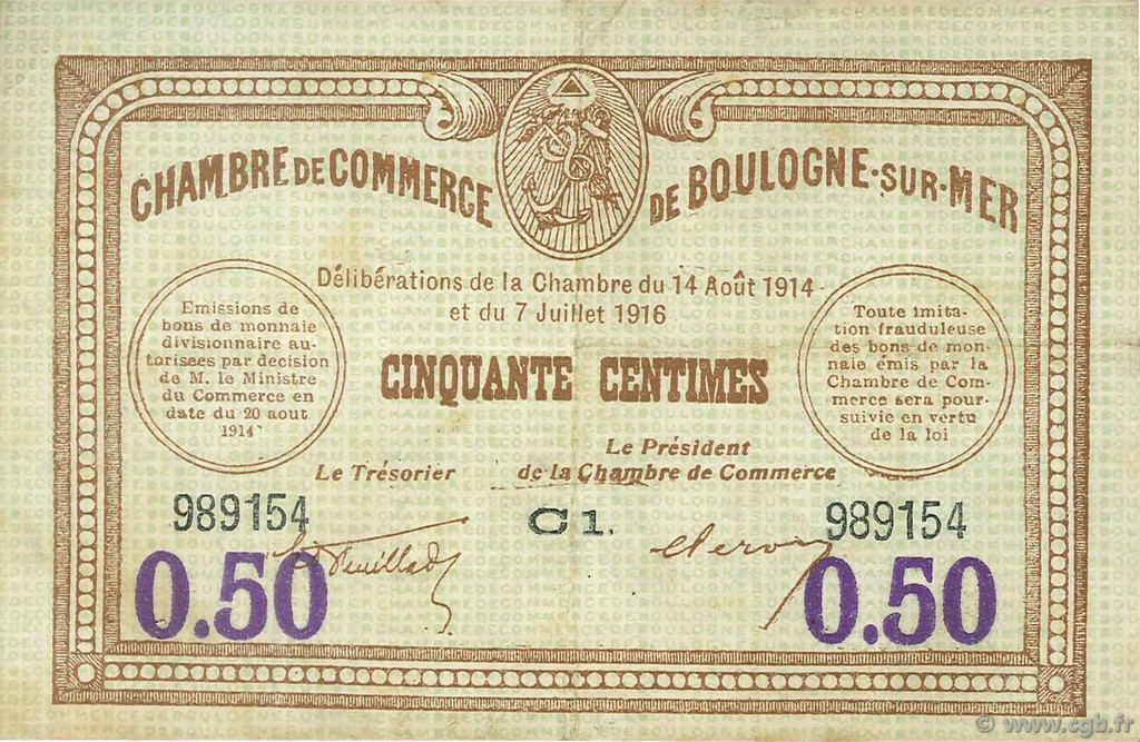 50 Centimes FRANCE Regionalismus und verschiedenen Boulogne-Sur-Mer  1914 JP.031.23 S