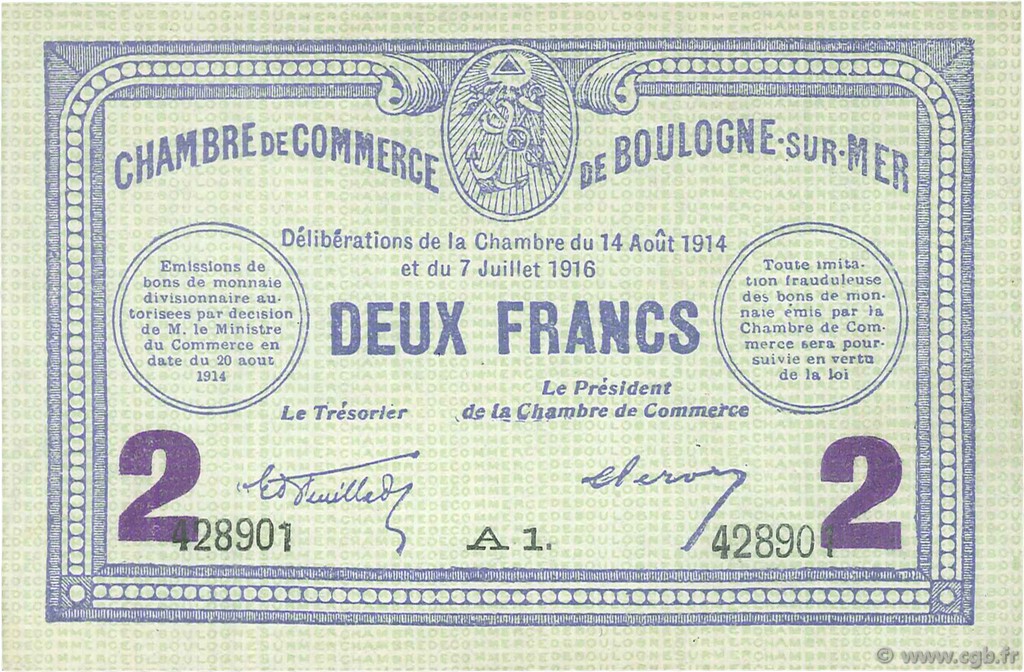 2 Francs FRANCE regionalismo e varie Boulogne-Sur-Mer  1914 JP.031.25 AU a FDC