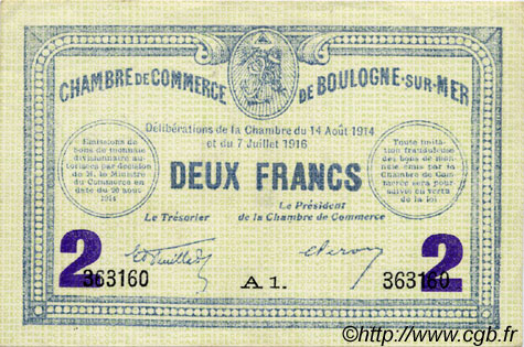 2 Francs FRANCE Regionalismus und verschiedenen Boulogne-Sur-Mer  1914 JP.031.25 SS to VZ